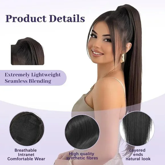 Drawstring Ponytail Extension Long Straight Clip-In Hairpiece for Women Black - Picture 3 of 7